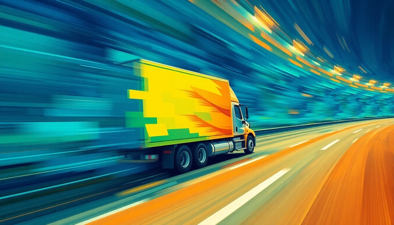 A dynamic, abstract painting of a commercial truck speeding down a highway, with overlapping geometric shapes and vibrant colors conveying a sense of motion and urgency around the issue of unqualified commercial drivers.