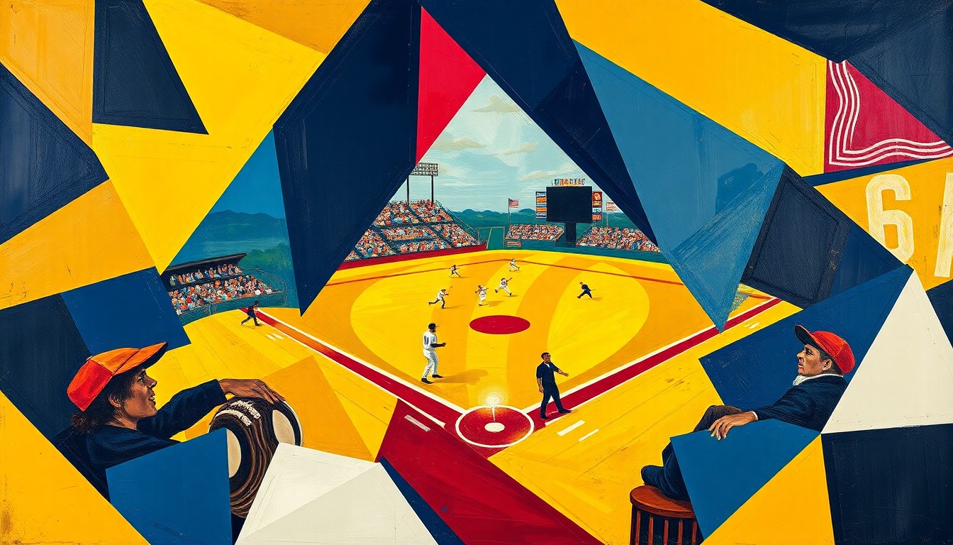 A fragmented, geometric painting depicting the dynamic action of a softball game, with sharp planes of navy, gold, and crimson colors representing the competitive energy between the two teams.