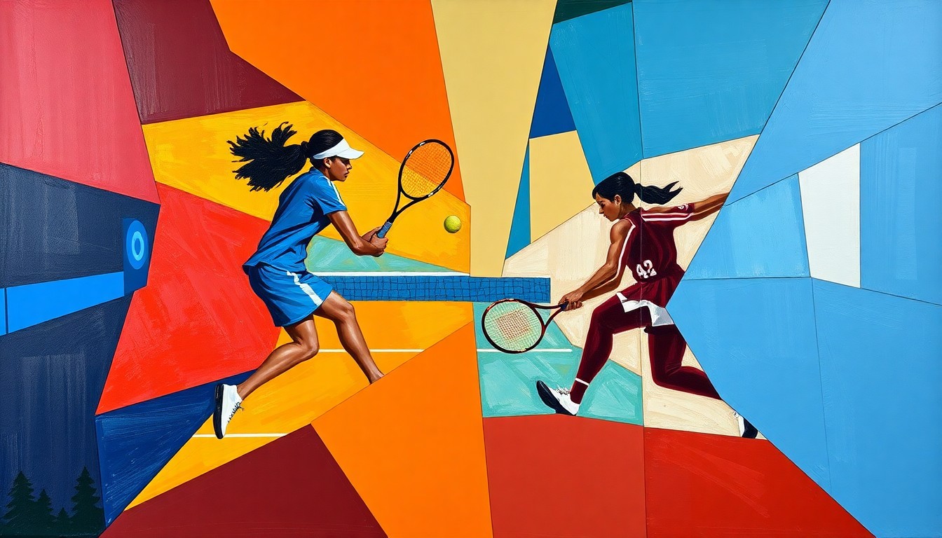 A cubist, geometric painting depicting the dynamic action of a women's tennis match, with the contrasting colors of the Bethune-Cookman and Alabama A&M teams clashing across the fragmented canvas.
