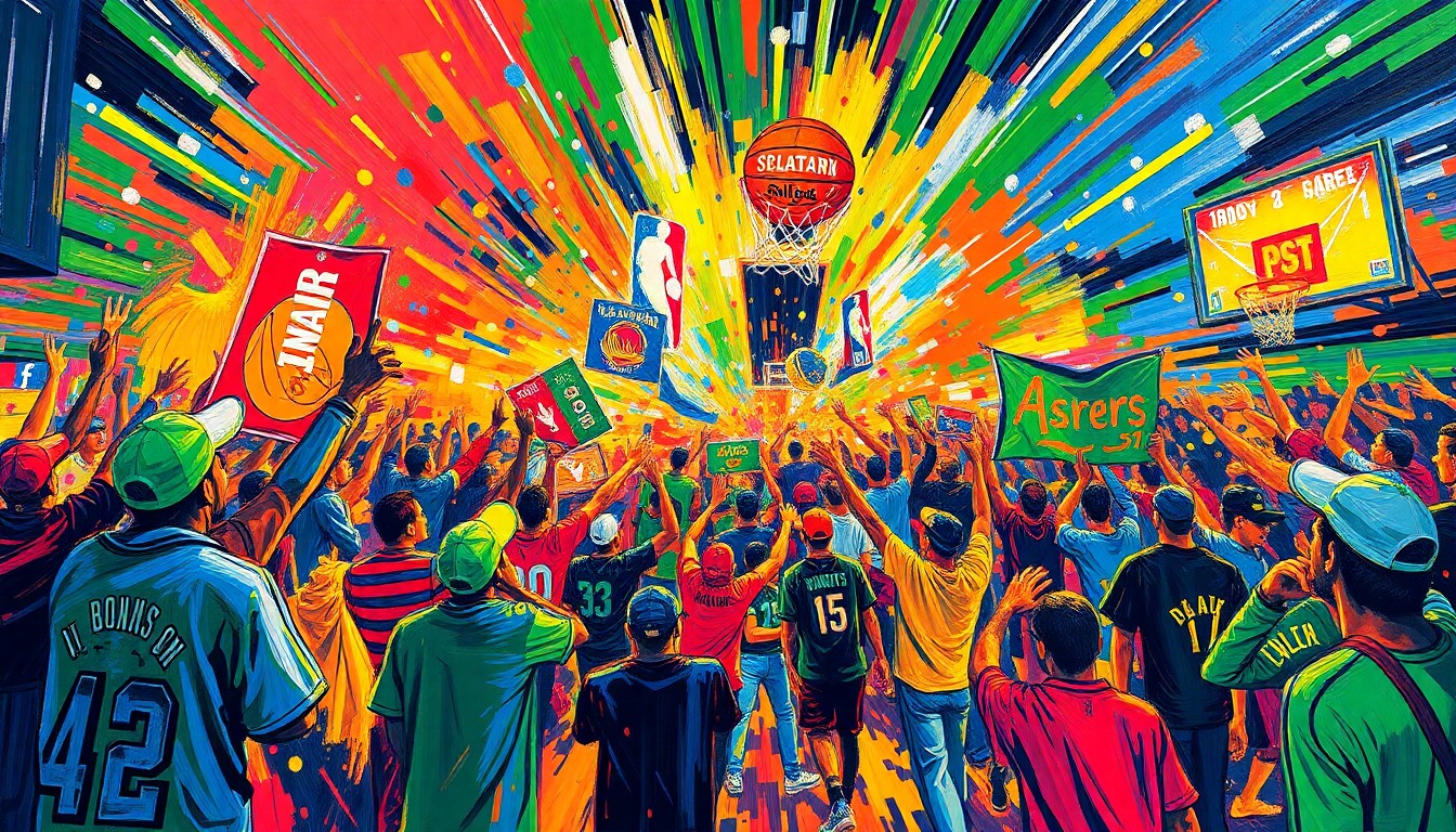 An abstract, energetic painting using bold, neon-colored brushstrokes to depict the frenetic search for hidden basketball team merchandise across an urban landscape.