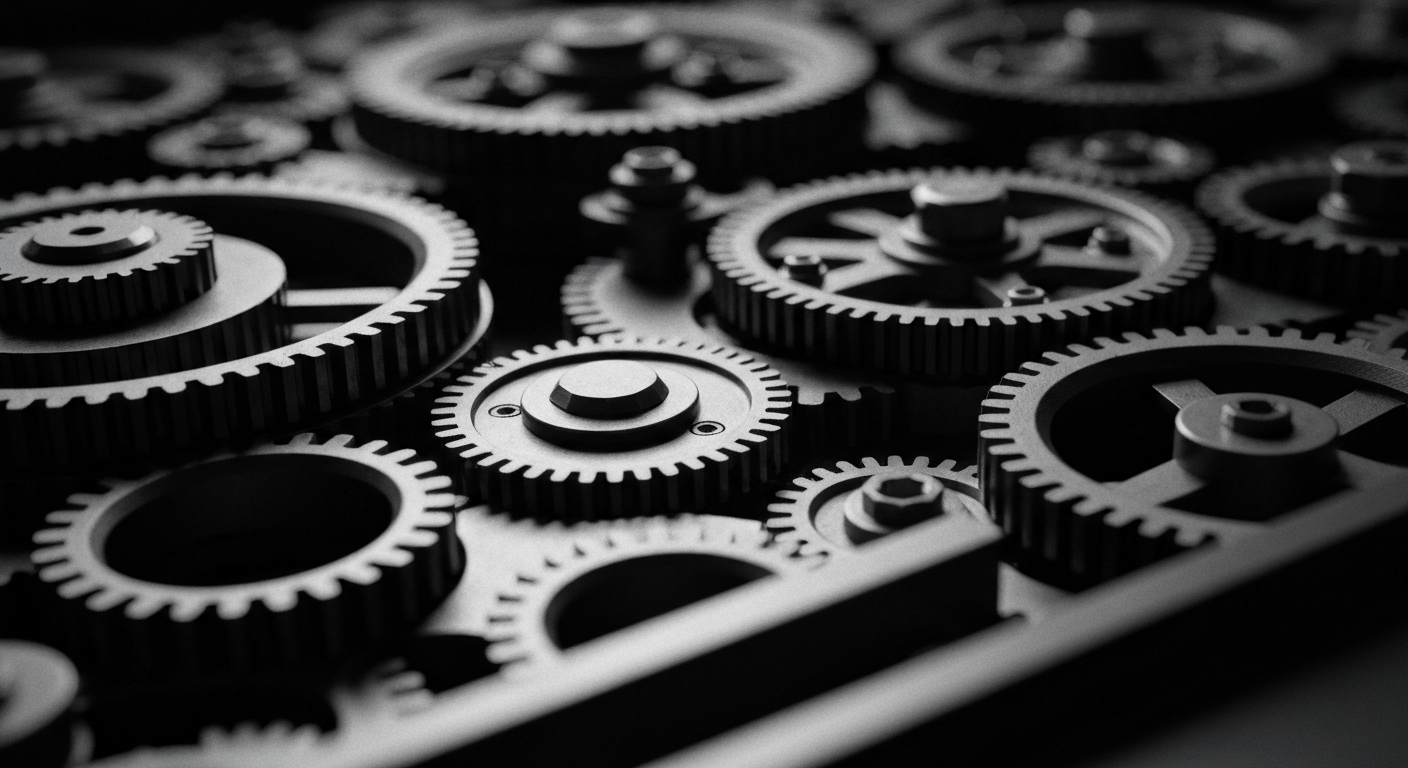 An extreme close-up of the gears, levers, and intricate mechanisms of a financial trading platform, captured in high-contrast black and white photography to convey the complex, industrial nature of modern finance.