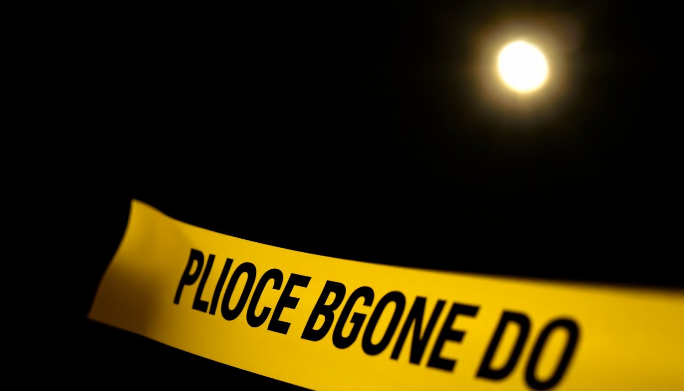 An extreme close-up photograph of a police evidence marker or crime scene tape against a pitch-black background, lit by a harsh, direct camera flash, conceptually representing the investigation into a bomb threat at a religious leader's home.