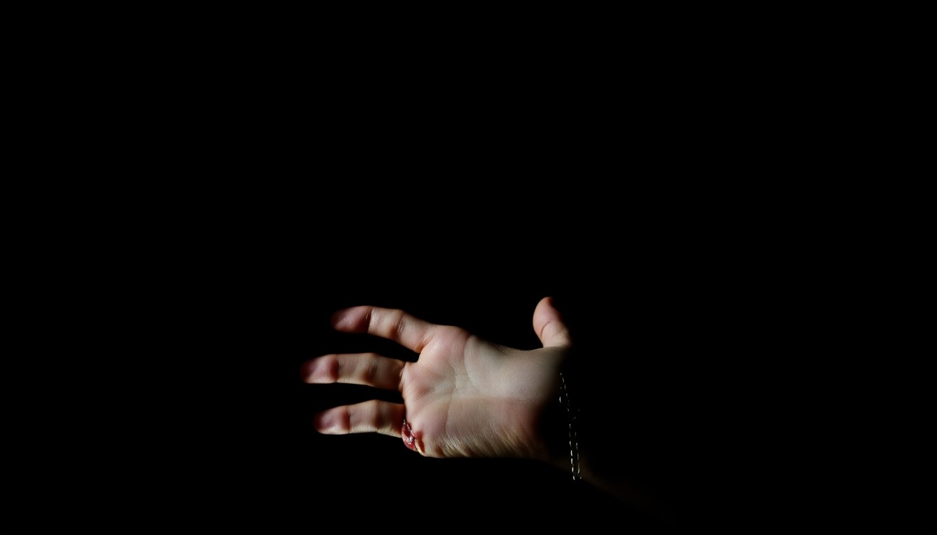 An extreme close-up photograph of a severed hand, the skin and bones sharply illuminated by a harsh flash against a pitch-black background, conceptually representing the disturbing details of a high-profile murder investigation.