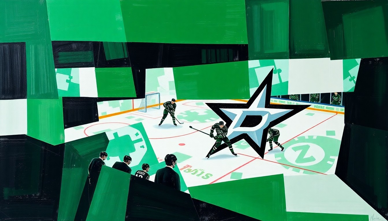 A fragmented, geometric painting in shades of green, black, and white, depicting a hockey game or match through an abstract, multi-angled perspective.