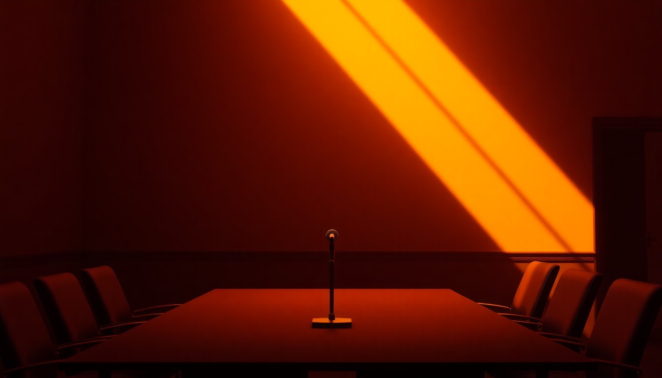 A dimly lit, cinematic conference room with a single microphone stand on the table, conveying a sense of solitude and the lasting impact of a former political figure.