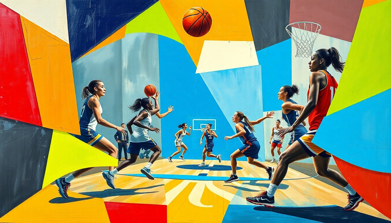 A fragmented, geometric painting depicting the abstract forms and movements of basketball players on a court, rendered in a cubist style with bold, clashing colors.