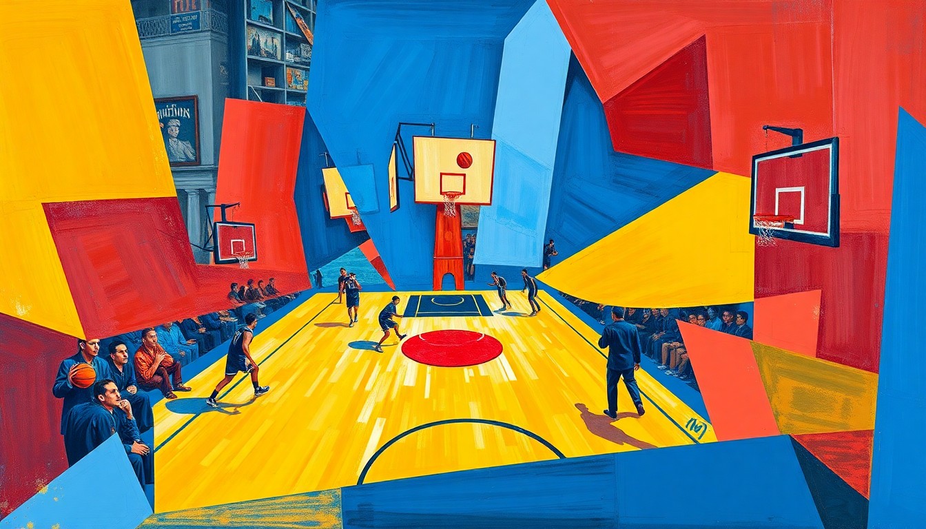 A fragmented, geometric painting in bold colors depicting a basketball game, with sharp planes and overlapping shapes that obscure the players' identities, conveying the complex and opaque nature of the gambling scandal.
