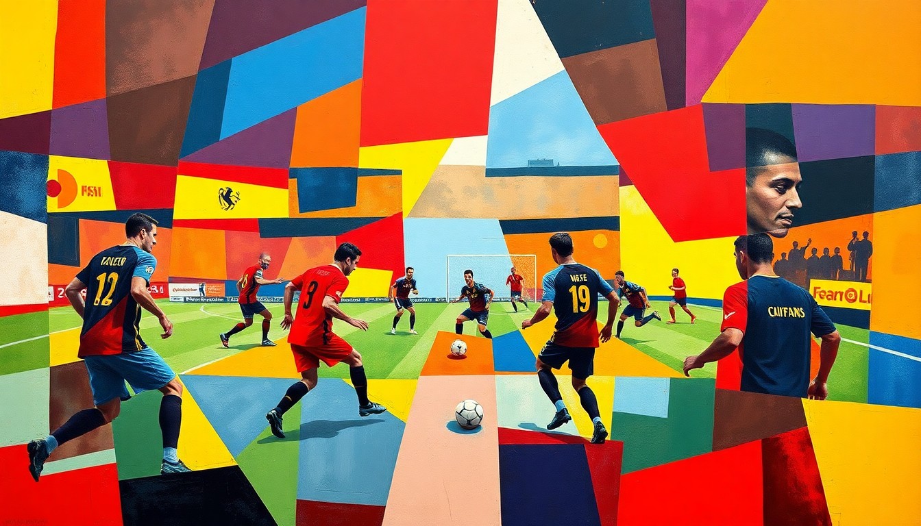 A fractured, cubist-style painting depicting an abstract soccer match or training session, with players and the field reduced to sharp, overlapping geometric shapes and planes of vibrant red, blue, and yellow colors.