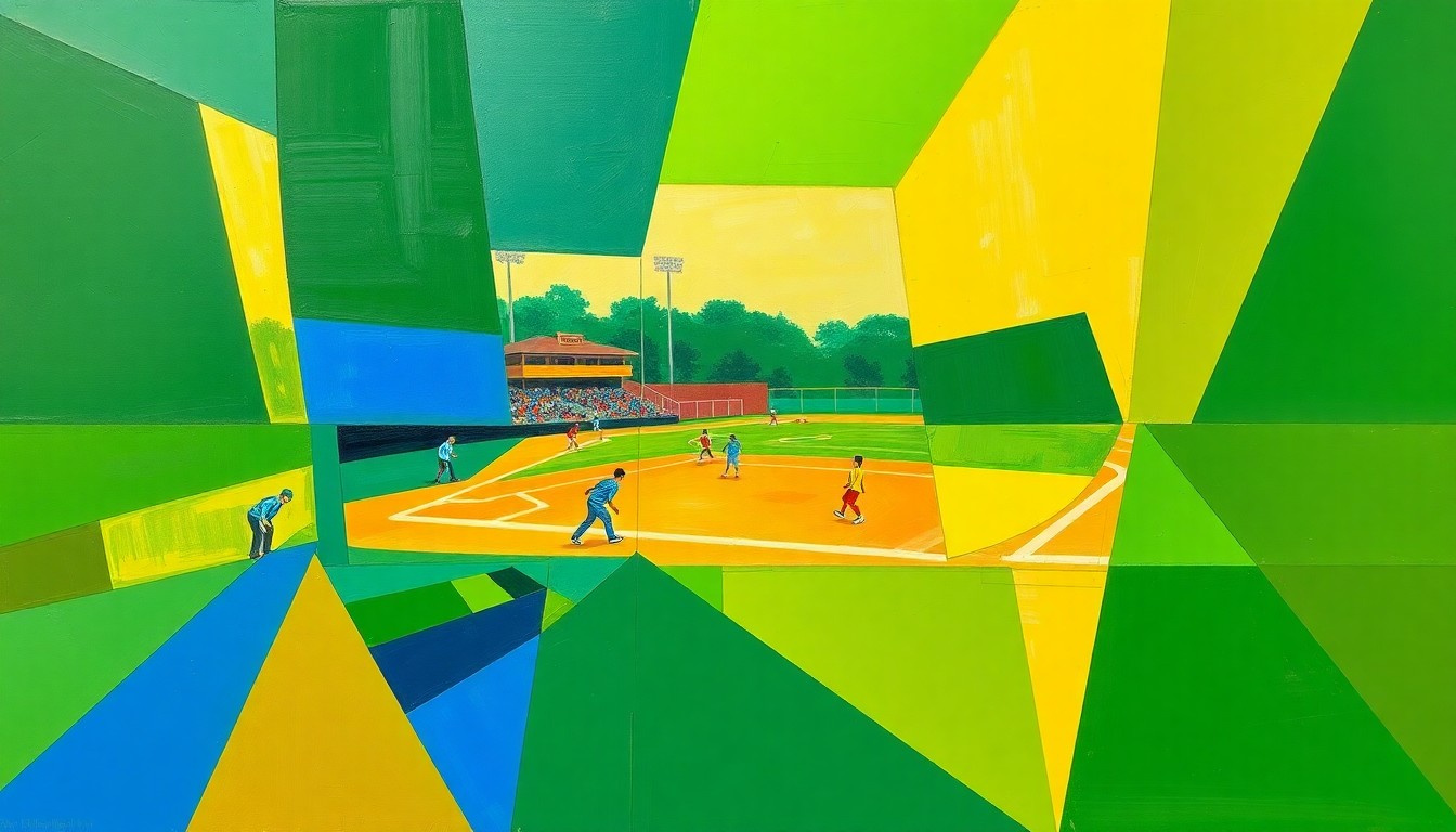 A cubist, geometric painting depicting a high school softball game, with the players and field broken down into overlapping planes of vibrant green, yellow, and blue colors.