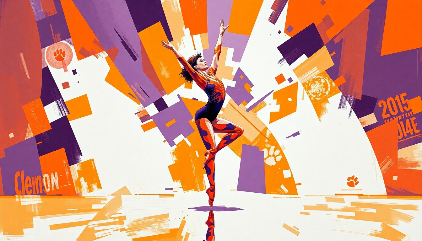 A cubist, geometric painting depicting a gymnast's floor routine, with sharp, overlapping planes of movement and energy in Clemson's official team colors of orange, purple, and white.