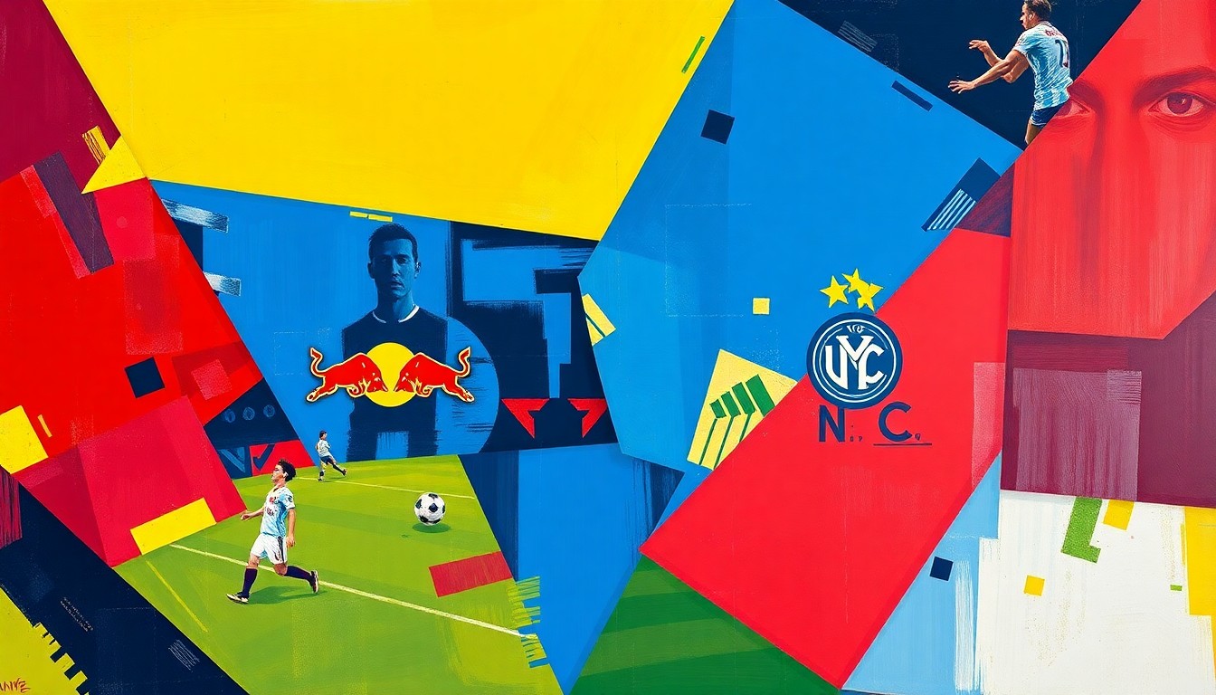 A fractured, cubist-style painting depicting the intense action and rivalry of a soccer match between the New York Red Bulls and New York City FC, with sharp geometric shapes and planes of vibrant red, blue, and yellow colors.