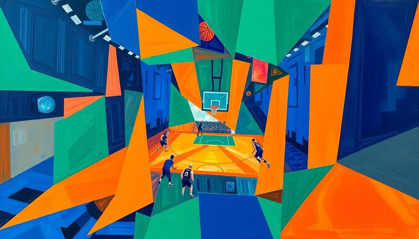 A dynamic, fragmented painting depicting a basketball game, with sharp geometric shapes and vibrant colors that capture the energy and complexity of the sport.