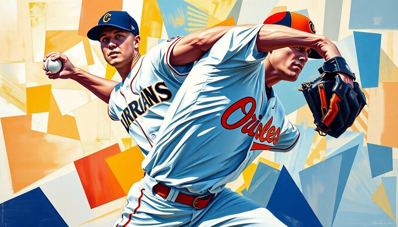 A fragmented, geometric painting depicting the motion of a baseball pitcher, with sharp planes of color representing the Guardians and Orioles uniforms, conveying the excitement and disappointment of a no-hit bid that fell just short.
