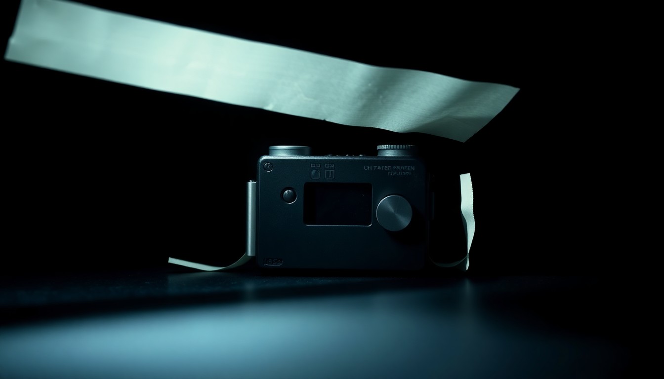 An extreme close-up of a small, black recording device partially covered in tape, creating a stark, gritty, and investigative aesthetic.