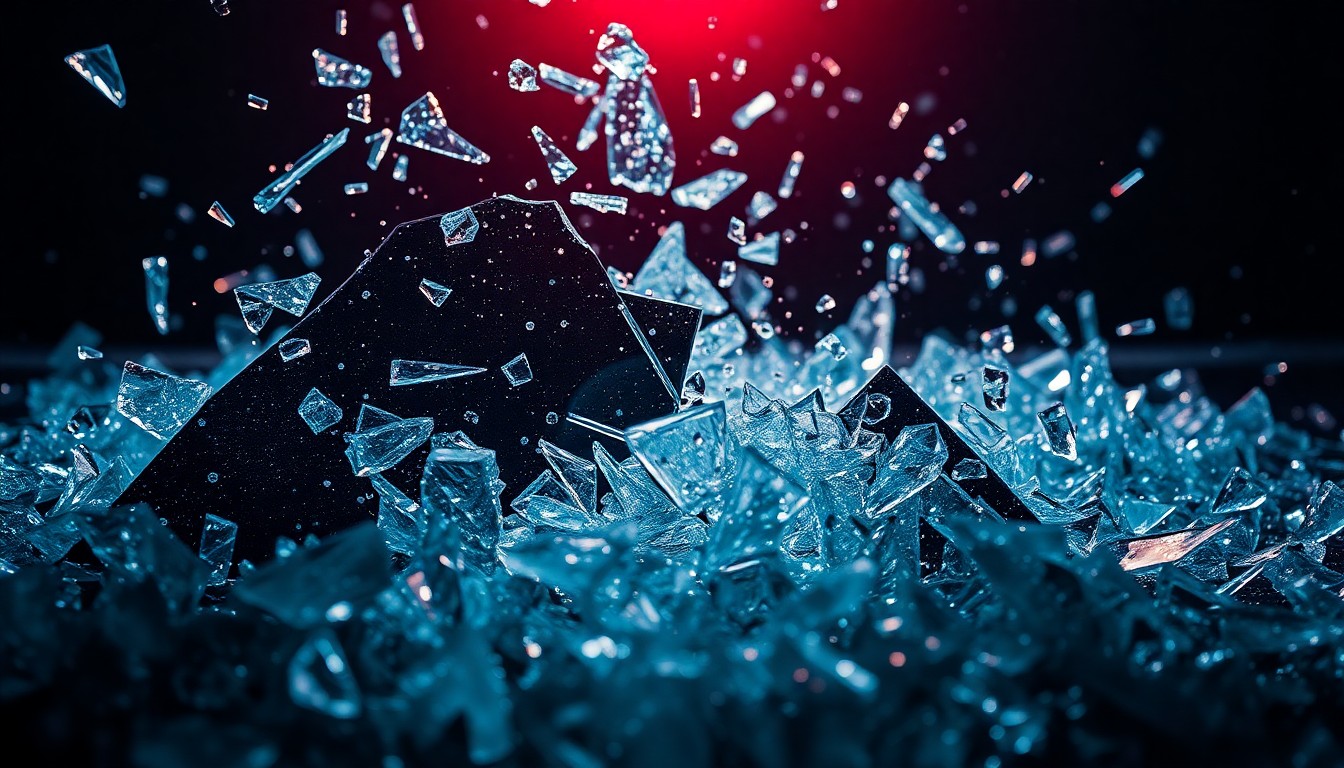 An abstract, high-contrast close-up image of shattered glass and glittering shards, conceptually representing the fragility and darkness within the entertainment industry.