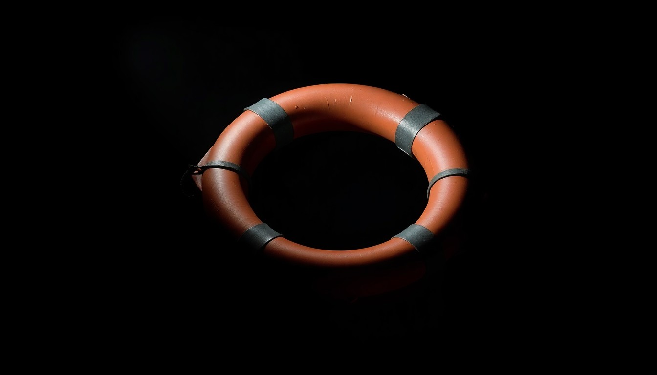 An extreme close-up of a rescue ring or other water rescue equipment, appearing stark and gritty against a pitch-black background, conceptually illustrating the investigation into a fatal canal rescue incident.