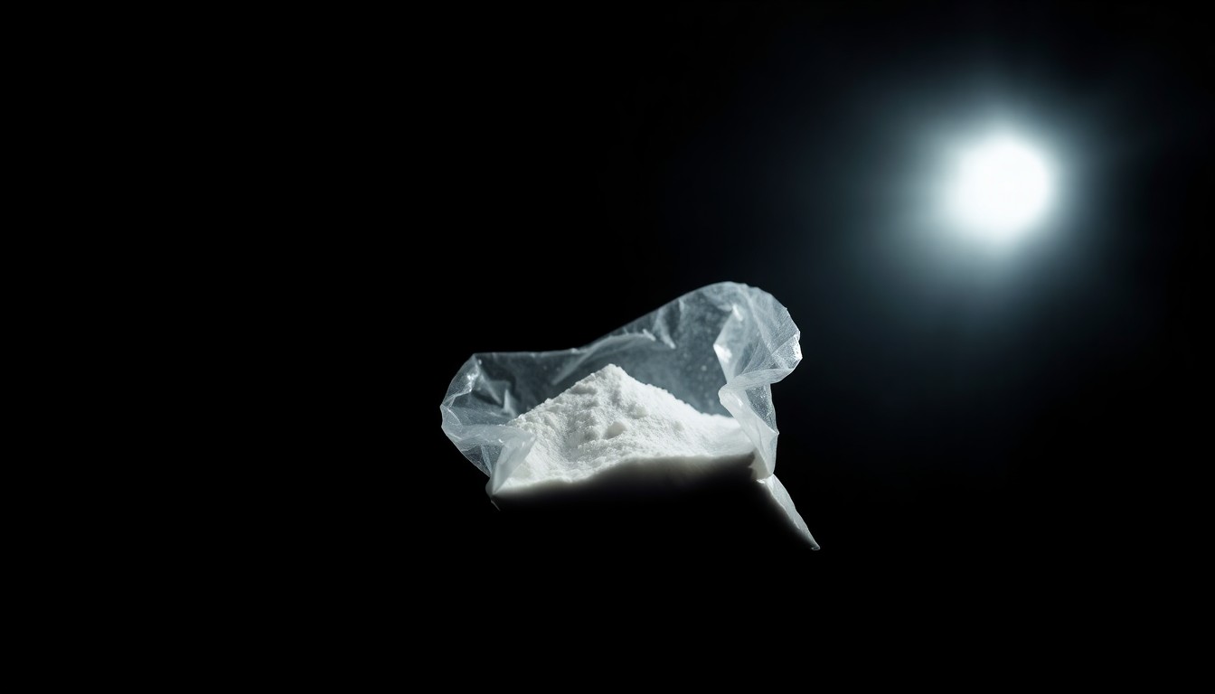 An extreme close-up photograph of a small plastic bag containing white powder, creating a stark, gritty, investigative aesthetic through the use of harsh, direct lighting and a pitch-black background.