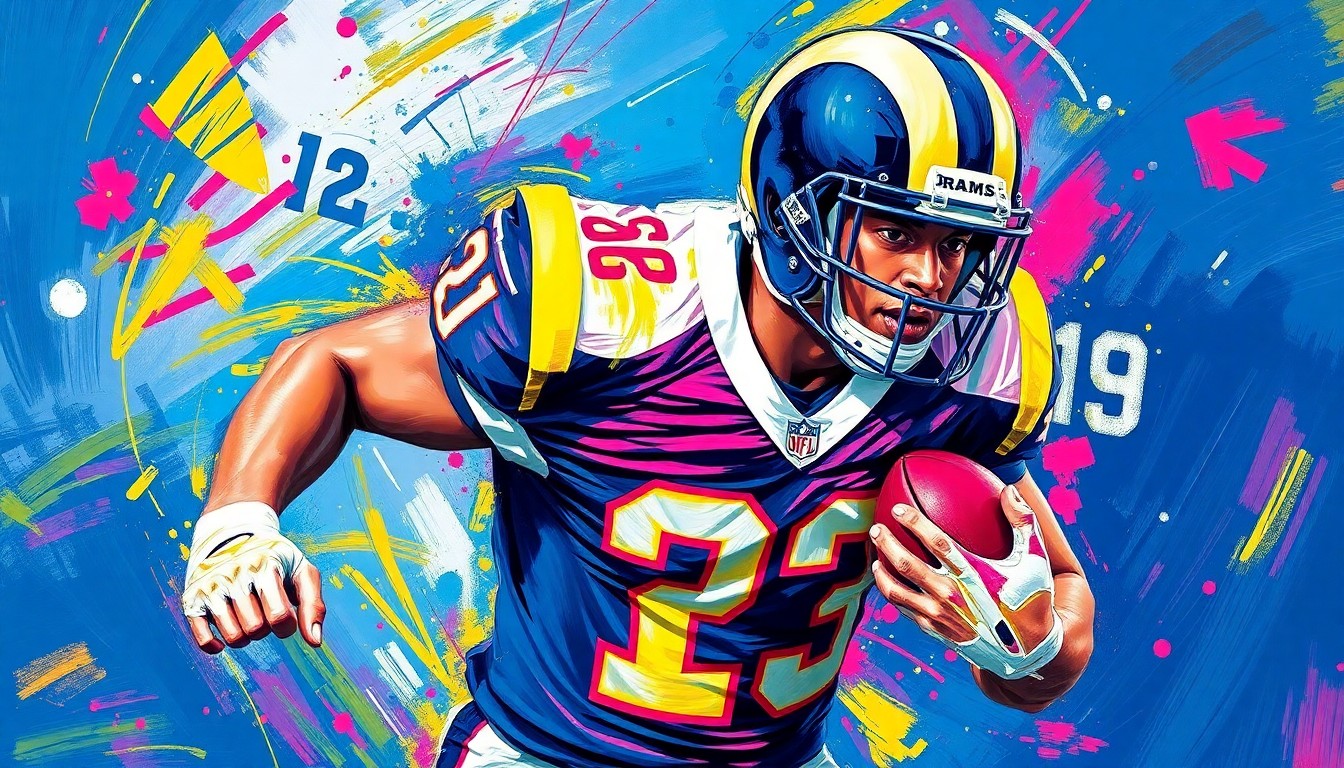 An abstract, expressionist painting featuring a Rams football player in motion, with vibrant neon brushstrokes capturing the raw athleticism and energy of the sport.