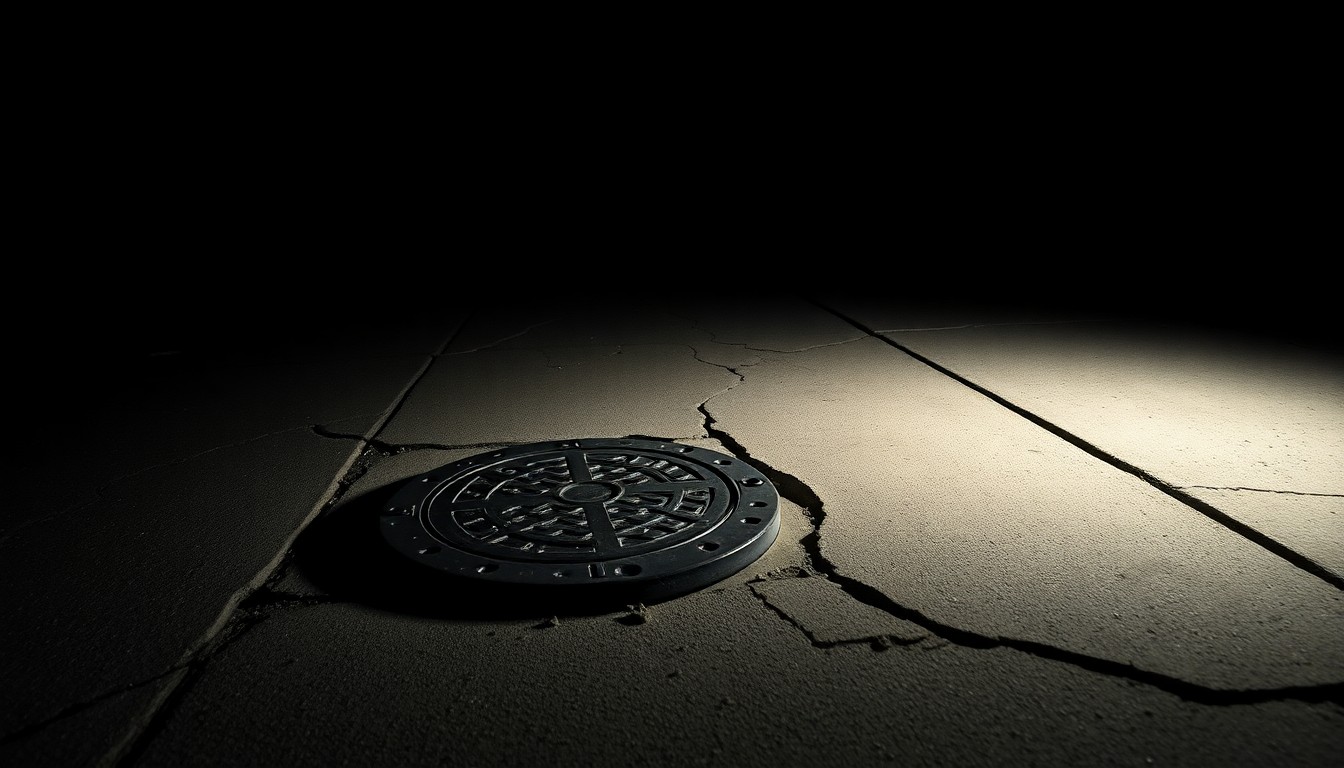 An extreme close-up photograph of a cracked and uneven concrete sidewalk surface with a metal utility cover, lit by a harsh, direct camera flash against a pitch-black background, conceptually illustrating the dangerous infrastructure conditions that allegedly caused a fatal fall.