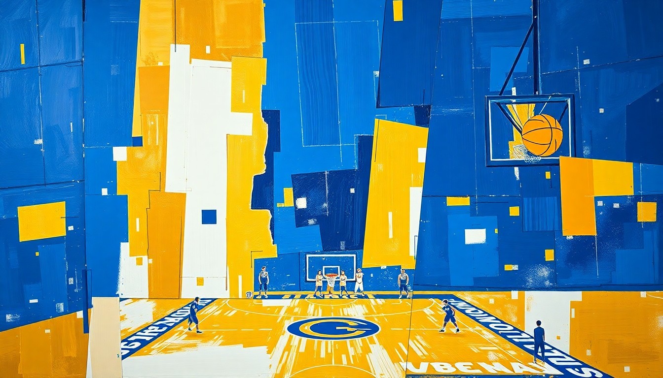 A fragmented, geometric painting depicting the motion and energy of a college basketball game, with sharp planes of blue, gold, and white representing the dynamic shifts in the Bulls' lineup.