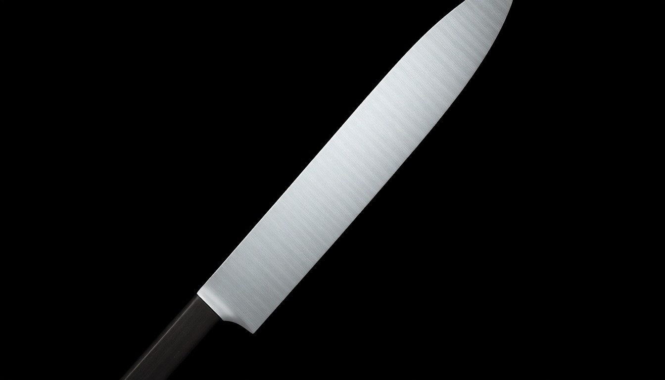 An extreme close-up photograph of a large kitchen knife, the blade reflecting a harsh, direct flash of light against a pitch-black background, conveying the serious, investigative nature of this crime-related incident.