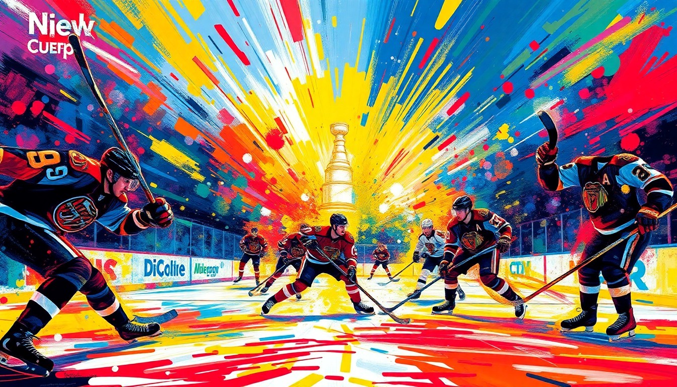 An abstract, energetic painting in neon colors depicting the frenetic action and emotion of a Stanley Cup playoff hockey game, with players' forms dissolving into vibrant brushstrokes.