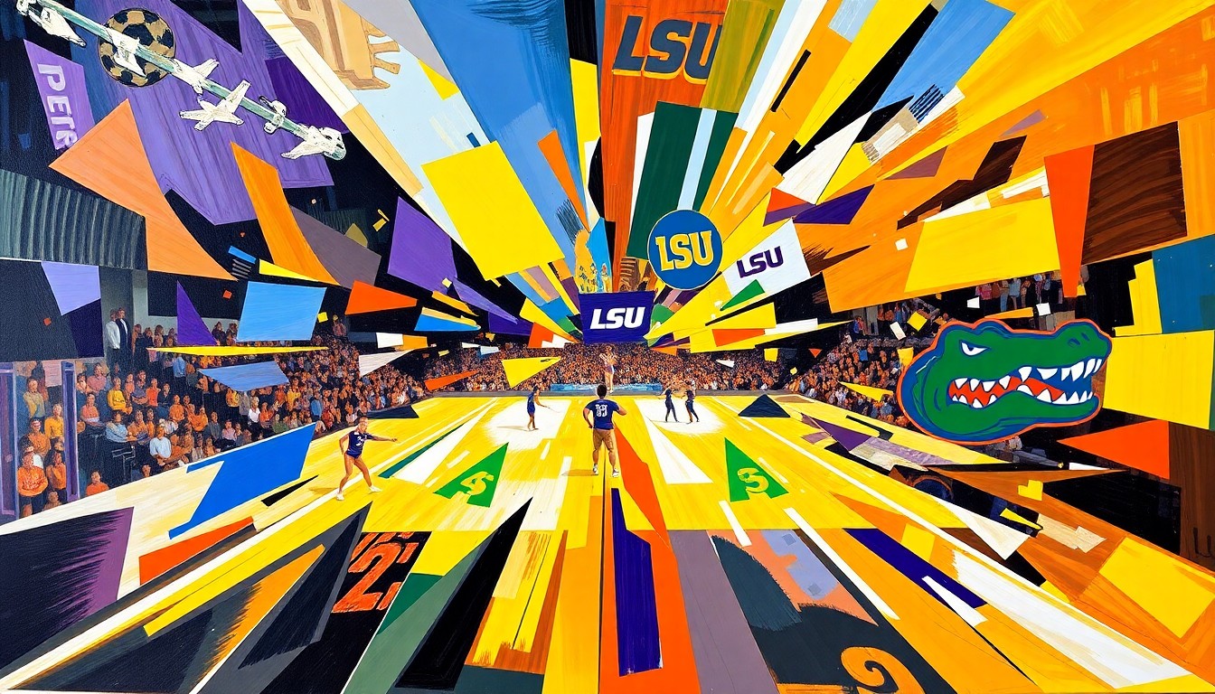 A cubist, geometric painting depicting the dynamic movements and energy of a gymnastics competition, with the vibrant colors of the competing teams' uniforms.