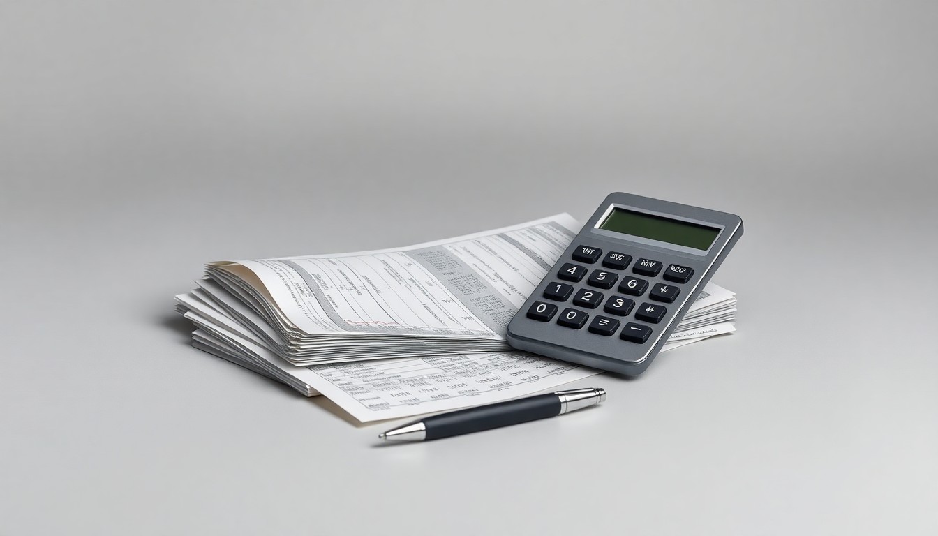 A high-end, photorealistic studio still-life photograph featuring a stack of stock tickers, a calculator, and a pen on a clean, monochromatic grey background, conceptually representing the abstract ideas of corporate finance, stock market performance, and investment analysis.