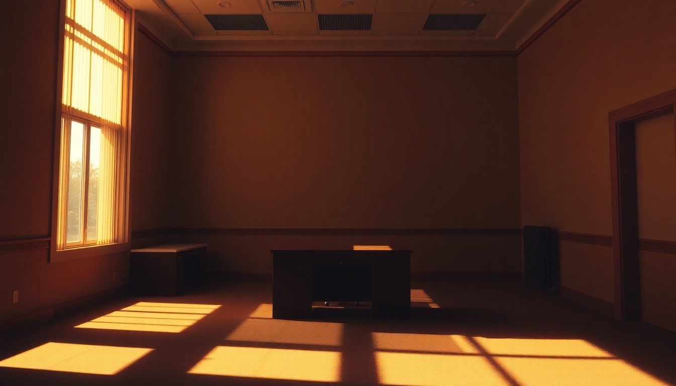 A dimly lit, cinematic painting of an empty government office space, with warm sunlight streaming in through the windows and deep shadows cast across the room, creating a sense of unease and uncertainty.