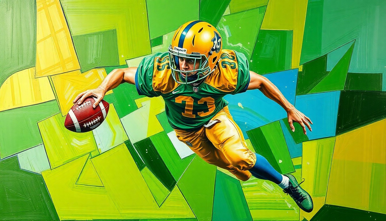 A fragmented, geometric painting depicting a high school football player in motion, with sharp planes of green, gold, and blue representing the dynamic action of the sport.