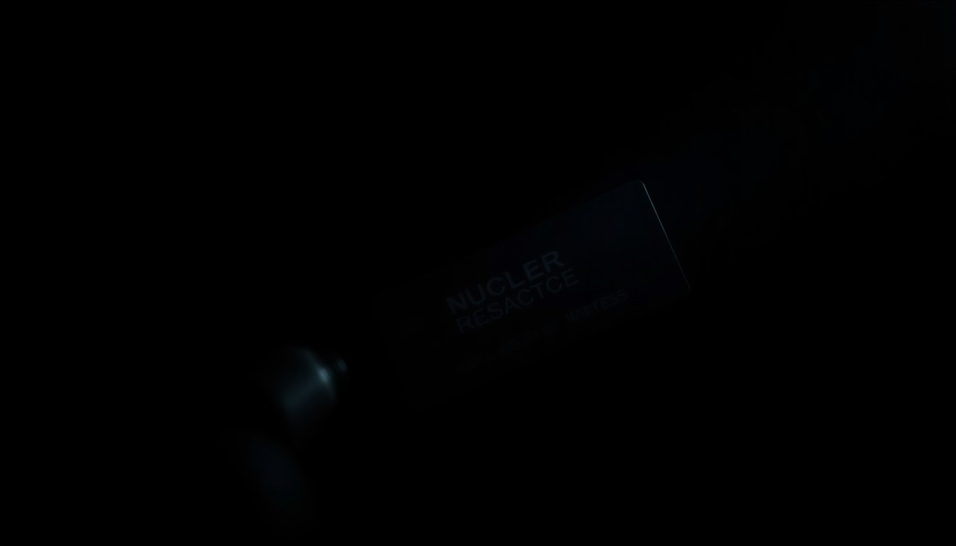 An extreme close-up photograph of a security badge or access card for a nuclear research facility, the details and textures of the object starkly illuminated by a harsh, direct camera flash against a pitch-black background, creating a stark, gritty, and investigative visual aesthetic.