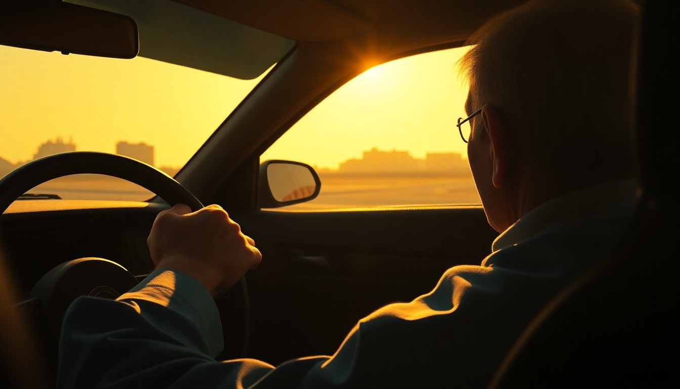 A close-up painting of an elderly person's hands gripping a car steering wheel, with warm sunlight and deep shadows creating a cinematic, nostalgic mood.