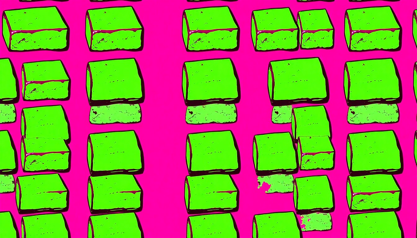 A grid of brightly colored, high-contrast silkscreen prints of a single, iconic Key lime bar, conceptually representing the classic dessert reimagined as modern pop art.