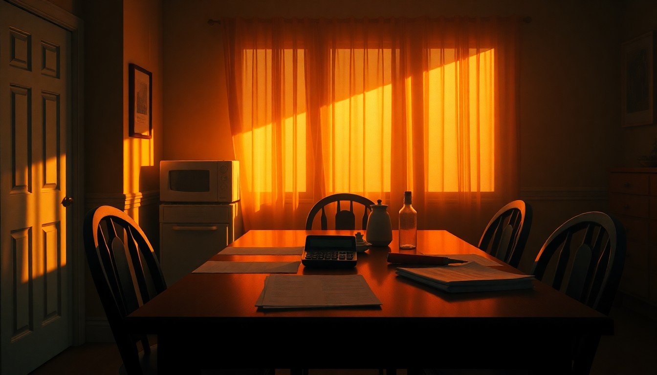 A warm, nostalgic painting of a family's kitchen table with tax forms and a calculator, capturing the financial benefits of the recent tax relief measures for Staten Island residents.