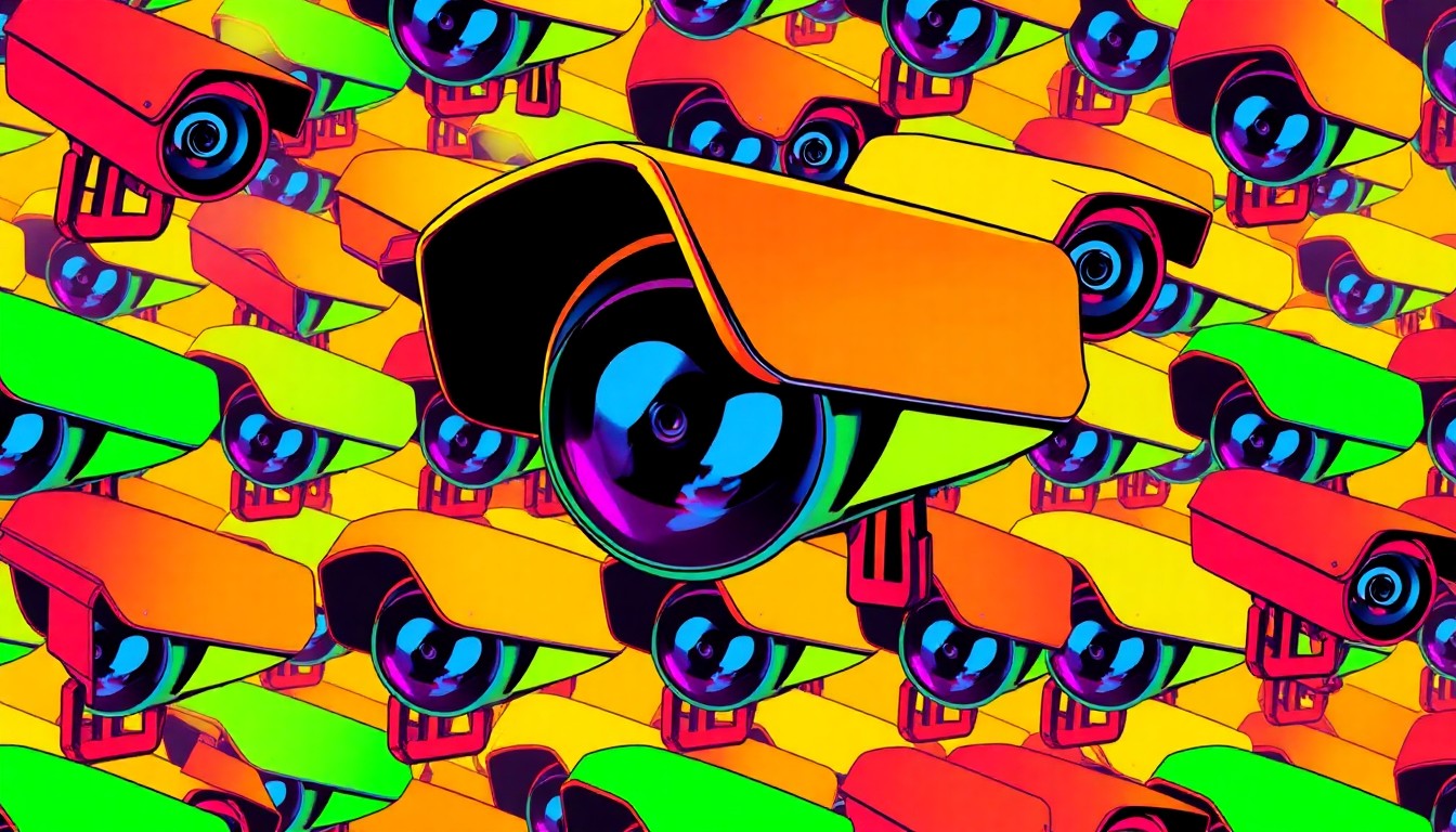 A bold, colorful silkscreen grid of a school security camera, conceptually representing the district's focus on physical security upgrades to protect students.
