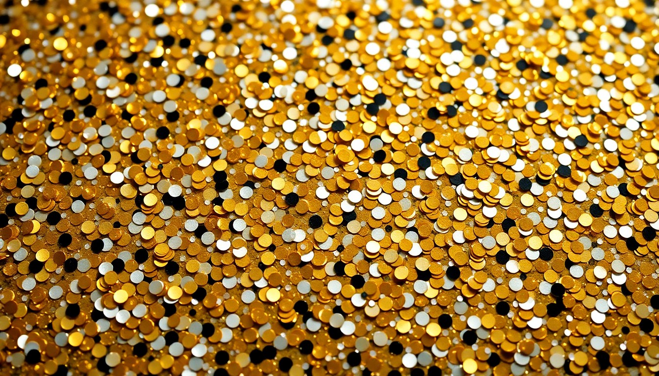 An extreme close-up of a glittering, high-contrast sequin texture in shades of gold, silver, and black, conceptually representing the lavish and glamorous world of social media influencers.
