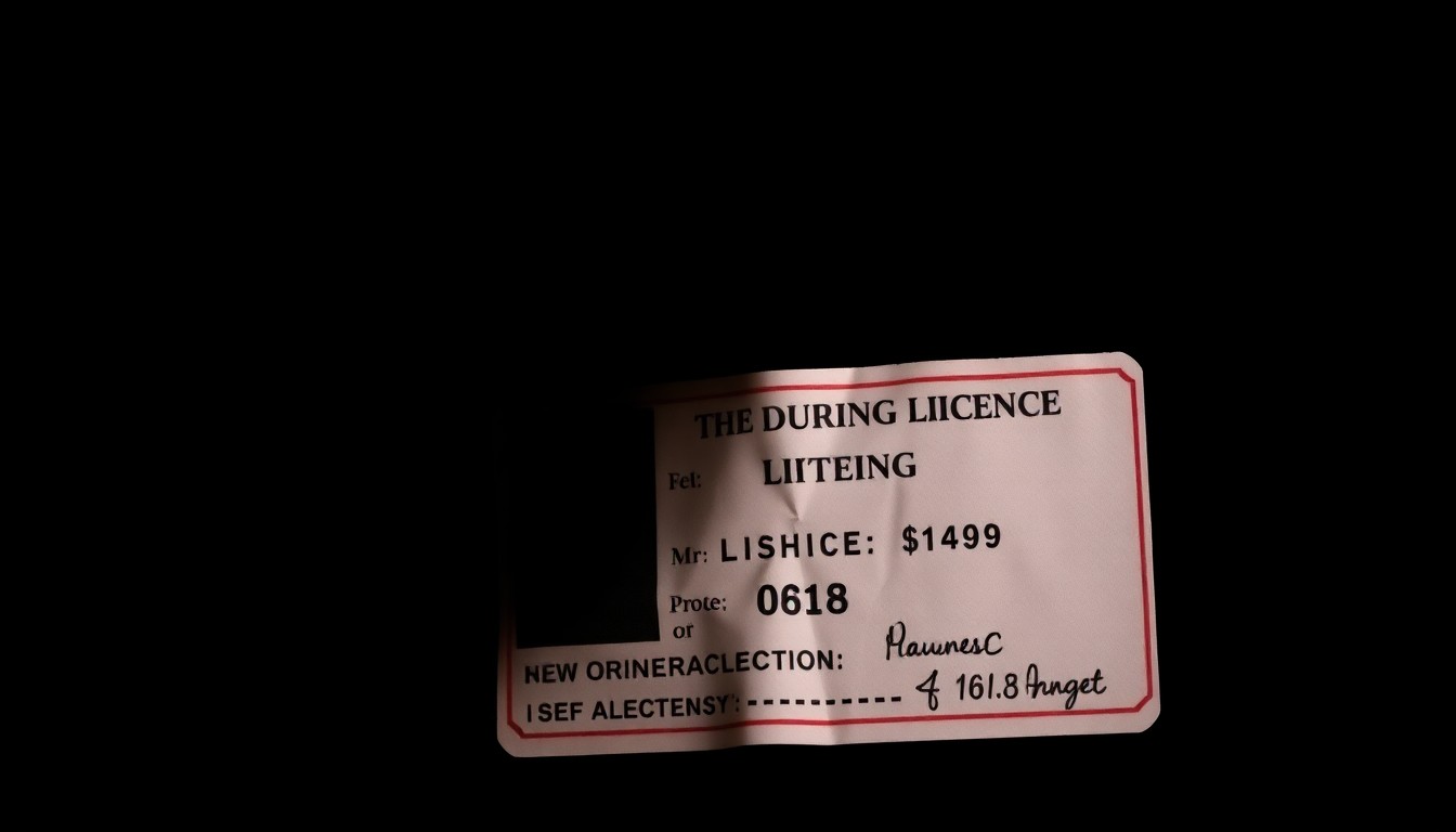 An extreme close-up photograph of a crumpled, forged driver's license, the details obscured by dramatic shadows and harsh lighting, conceptually representing the identity theft at the center of this fraud case.