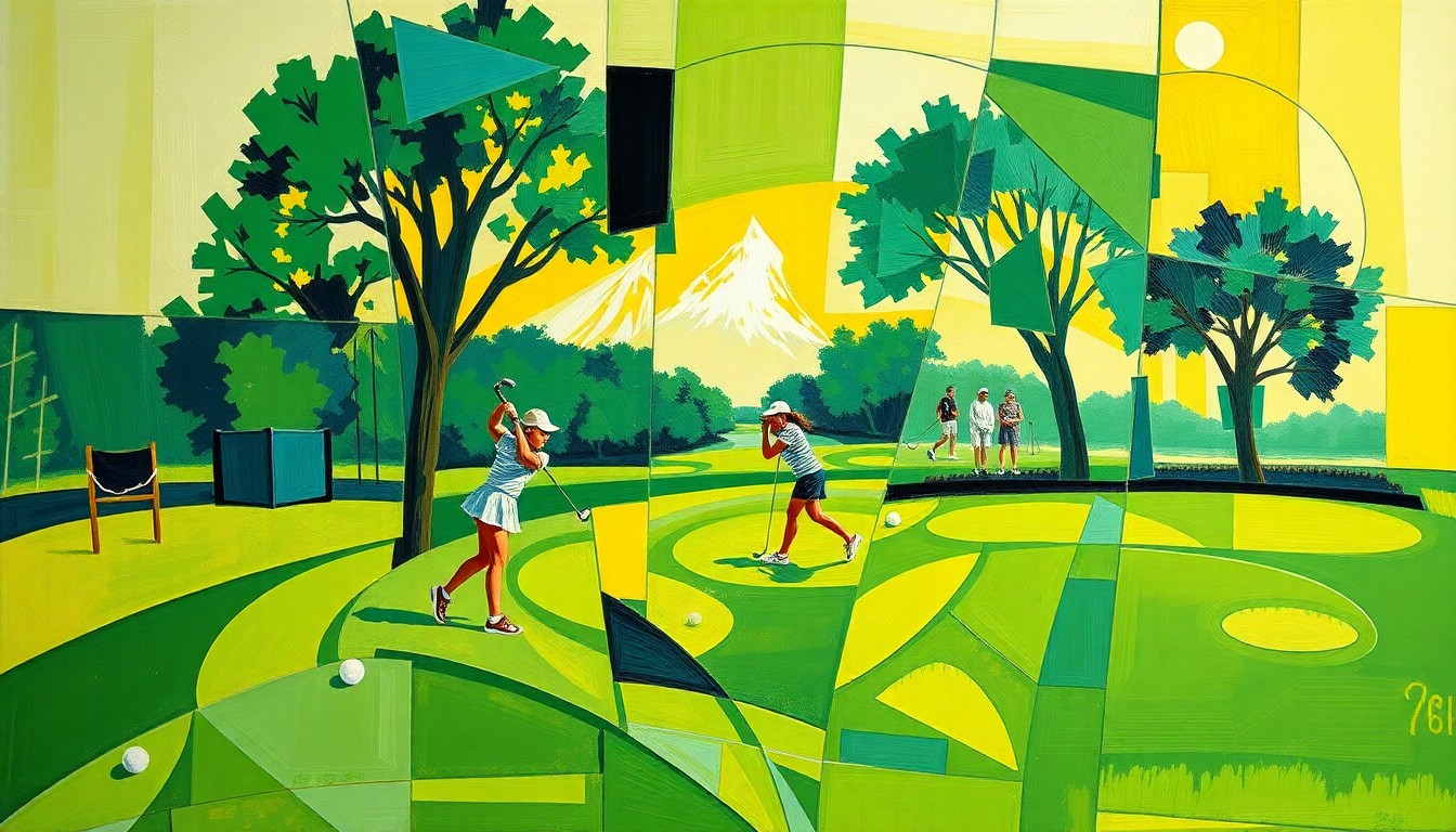 A fragmented, geometric painting in bold colors depicting various perspectives of a girls' golf tournament, conveying the intensity and movement of the competition.