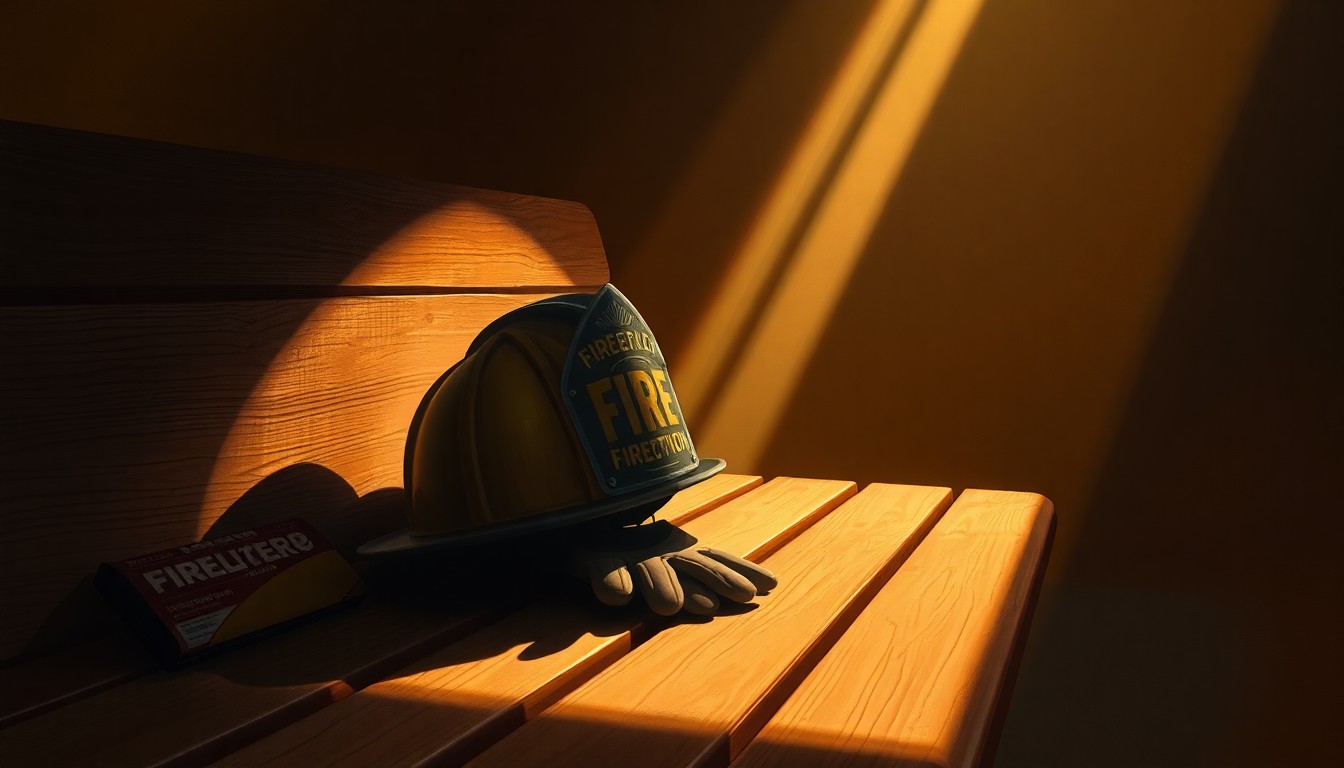 A realistic oil painting depicting a firefighter's helmet and gloves resting on a weathered wooden bench, with warm sunlight casting dramatic shadows across the scene, conveying a sense of quiet contemplation and the importance of protecting those who protect our communities.