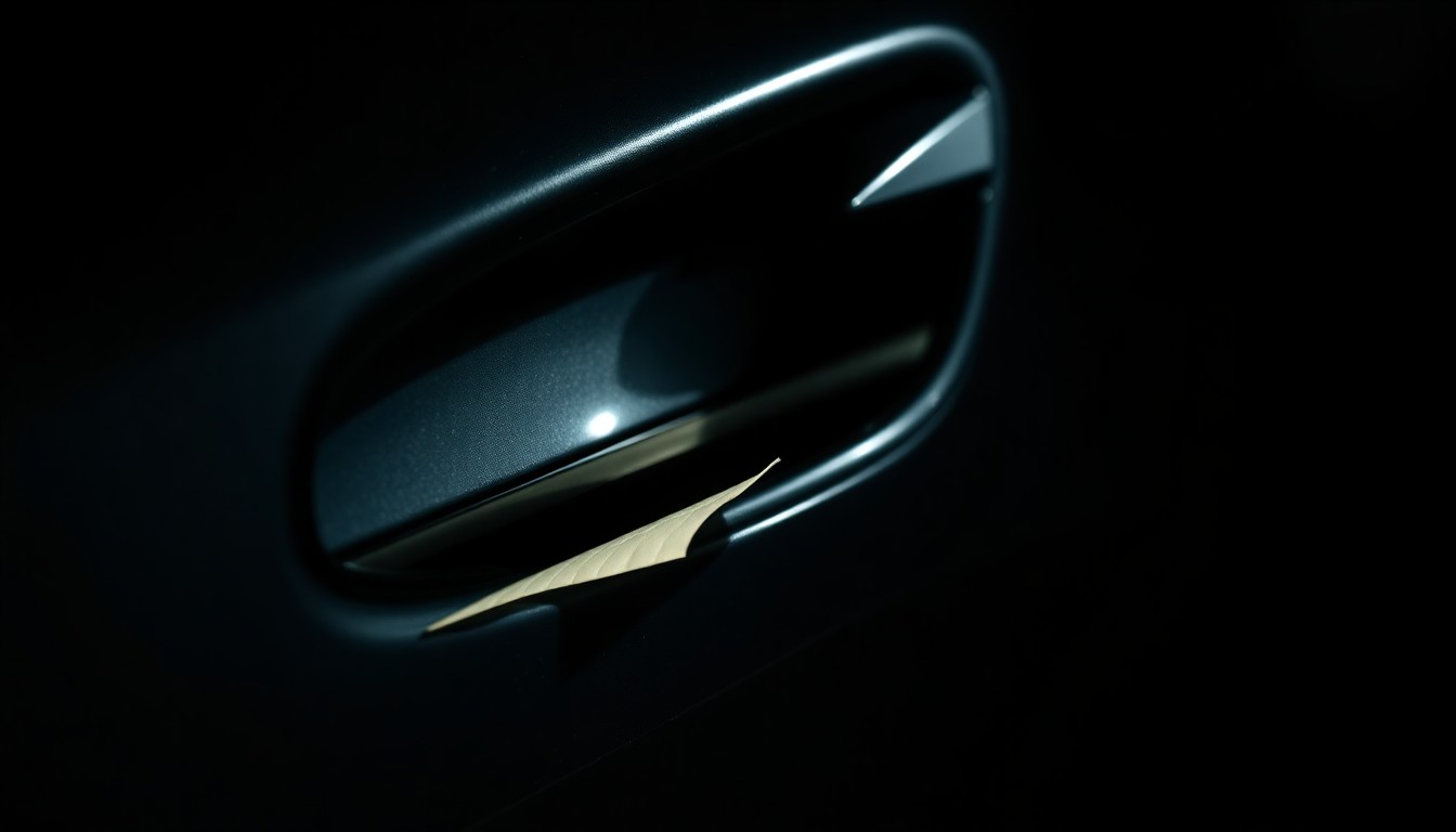 An extreme close-up photograph of a car door handle with a piece of material placed underneath, lit by a harsh, direct camera flash against a pitch-black background, conceptually illustrating a suspicious discovery that could be linked to human trafficking.