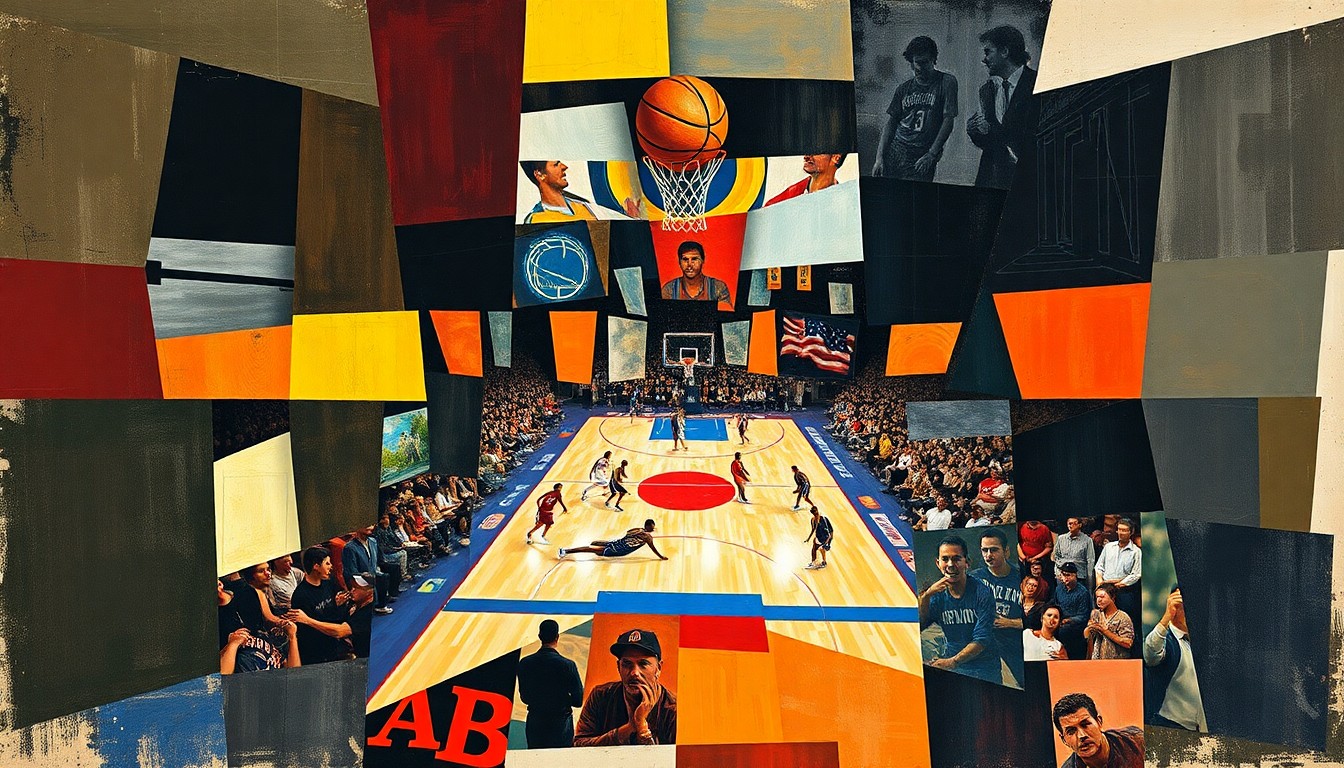 A fragmented, multi-angled painting depicting the dynamic movements and energy of a basketball game, with sharp, overlapping geometric shapes in vibrant colors.