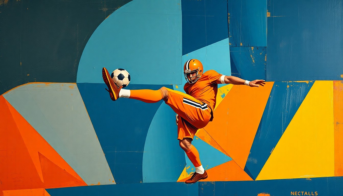 A cubist, geometric illustration depicting the fractured motion of a football kicker, with sharp planes of orange, blue, and gold representing the raw power and precision of the special teams unit.