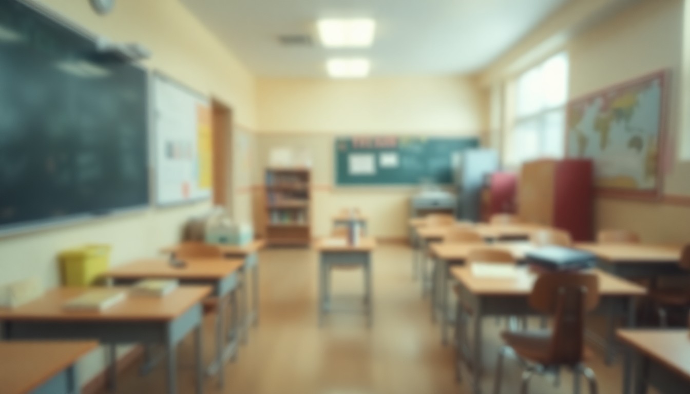 An abstract, out-of-focus image of blurred school supplies and hallway scenes in muted, warm tones, conveying the emotional impact of the budget cuts on the local community.