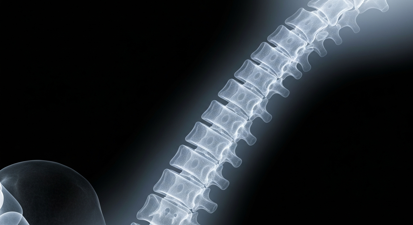 A translucent, X-ray-style image of a human spine, with the vertebrae and discs visible as glowing, ghostly lines against a dark background, conveying the clinical and internal nature of the medical treatments offered by the practice.