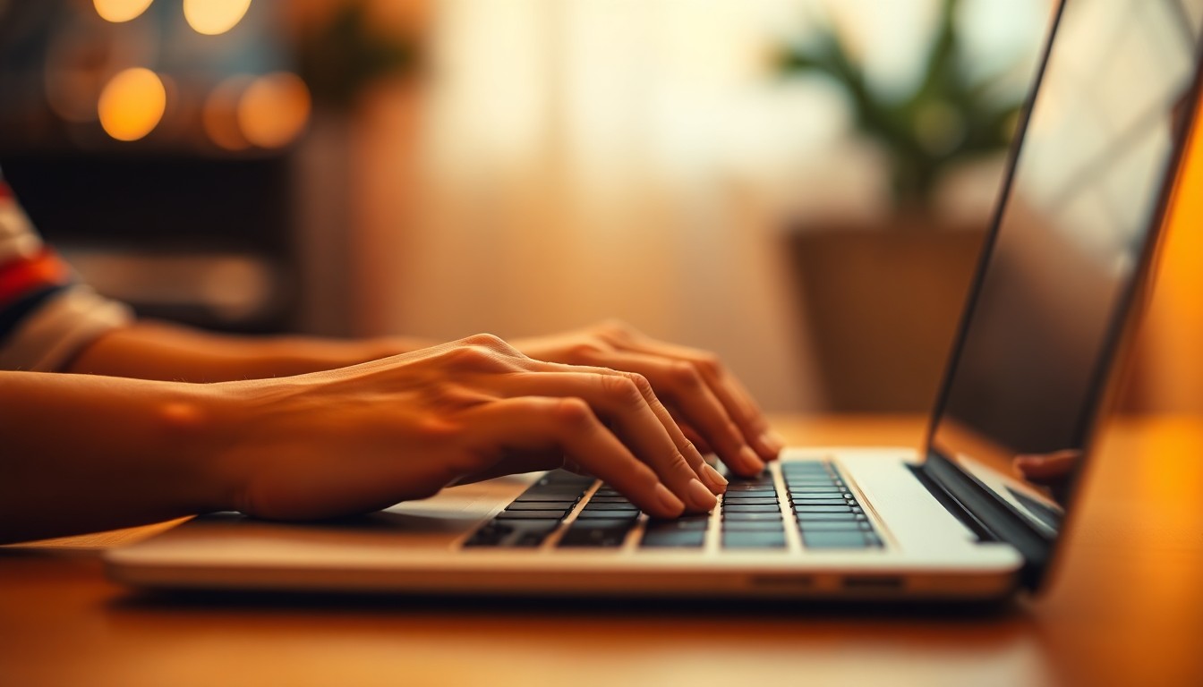 An abstract, out-of-focus photograph showing a person's hands typing on a laptop keyboard, with the background blurred into soft, warm-toned shapes and colors, conceptually representing the importance of clear and intentional communication.