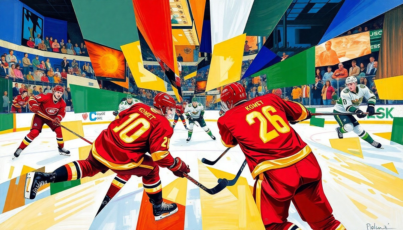 A fractured, cubist-style painting depicting the intense action of a hockey game, with the players and the puck breaking down into sharp, overlapping geometric shapes in the team's vibrant colors.