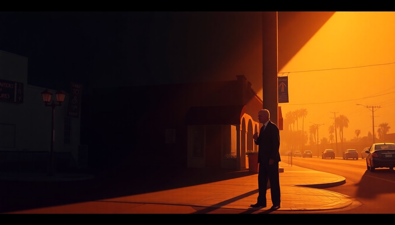 A serene, cinematic painting depicting Jeb Bush standing alone on a street corner in Fort Myers, with warm sunlight and deep shadows creating a contemplative mood.