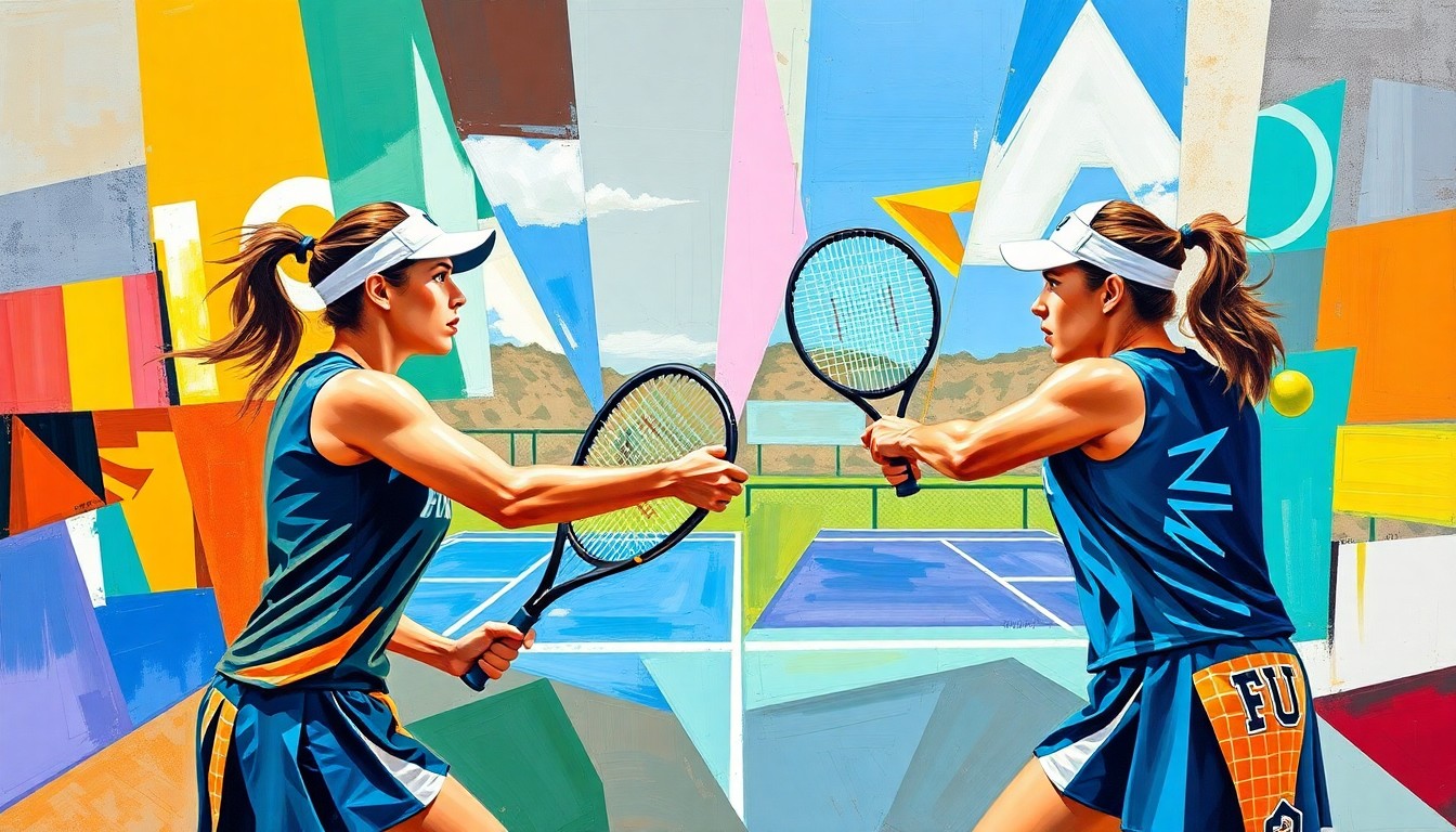 A cubist, geometric painting depicting a women's tennis match, with overlapping planes of color representing the players and court.