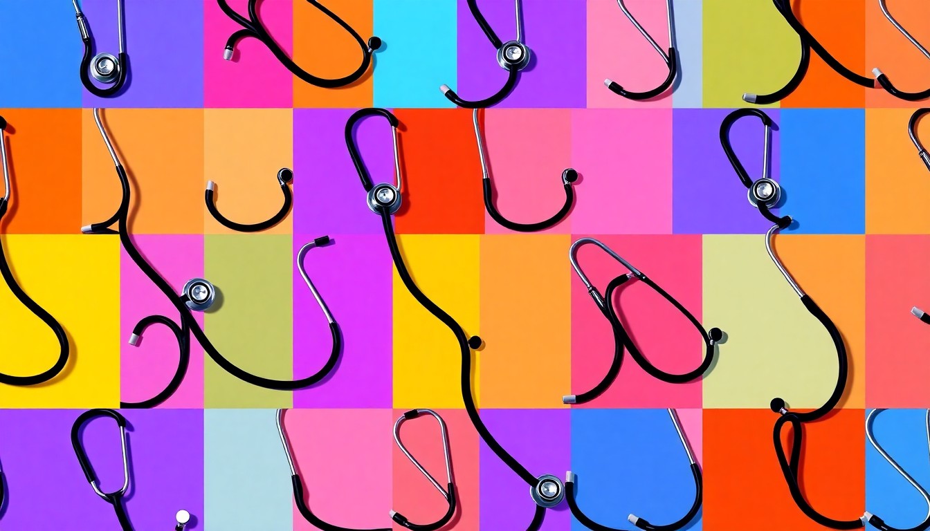 A vibrant, high-contrast silkscreen print featuring a repeated pattern of a medical stethoscope in neon colors, conceptually representing the scholarship's focus on supporting the future of healthcare.