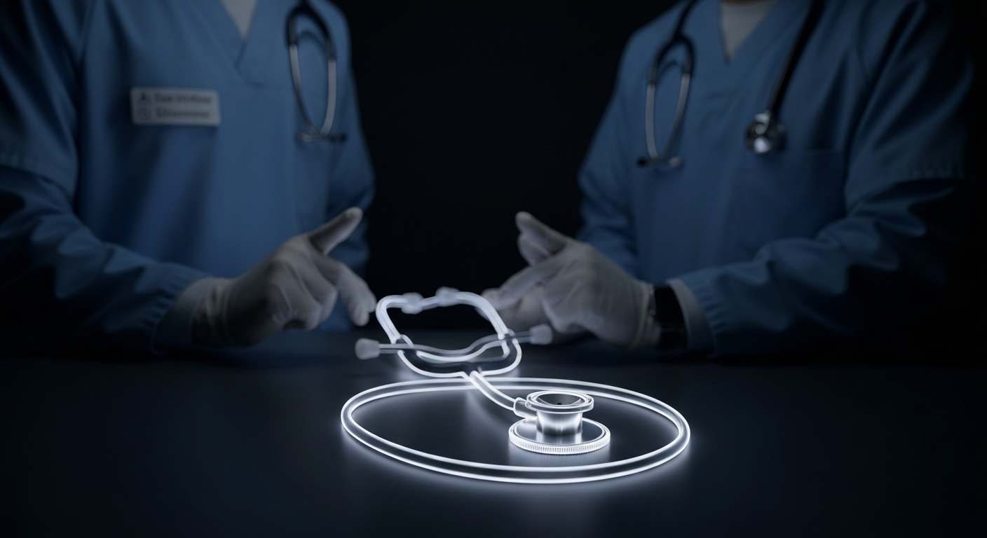 A vibrant neon outline of a stethoscope against a dark background, representing the energy and creativity of the medical field.
